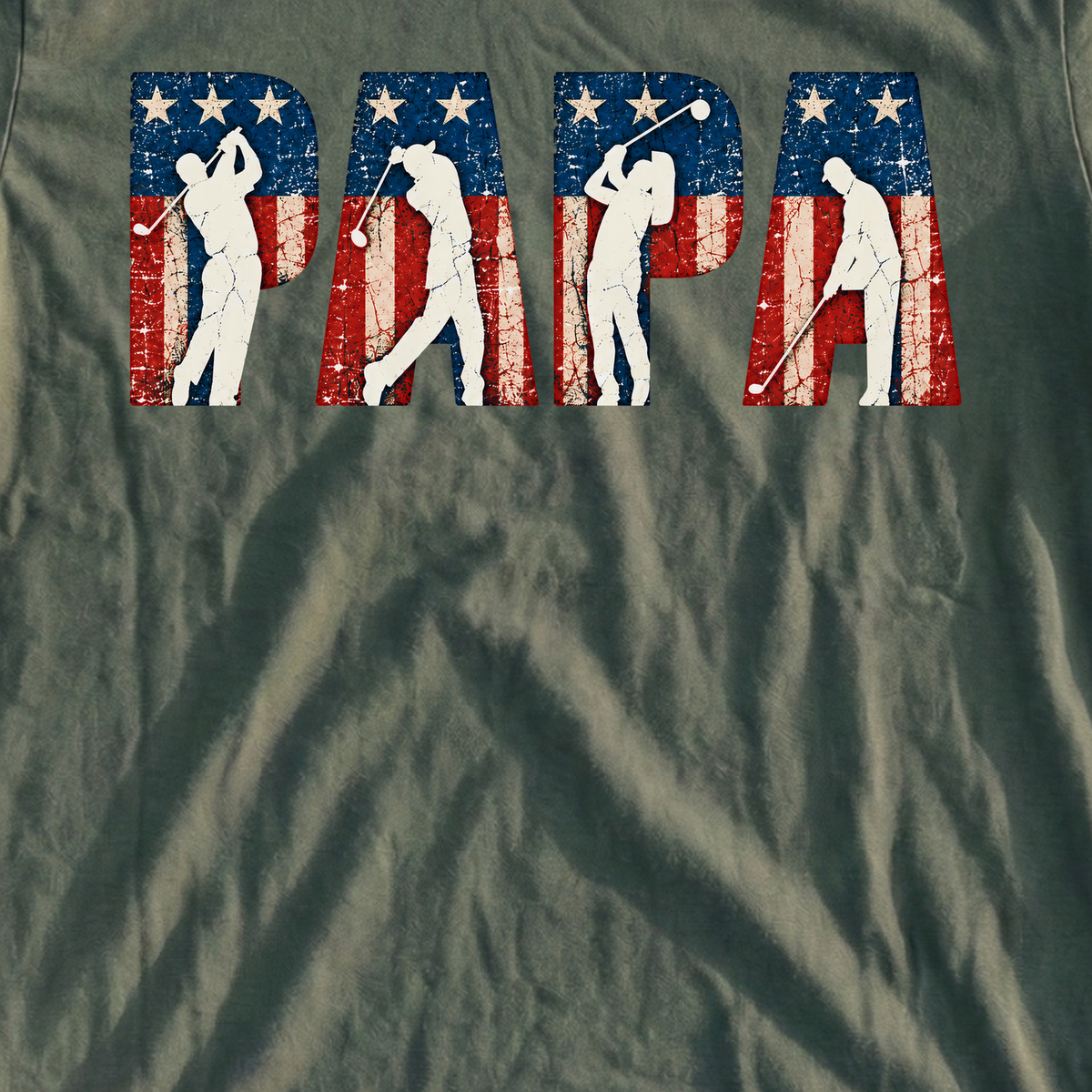Papa Americana Tee, print close-up on Military Green