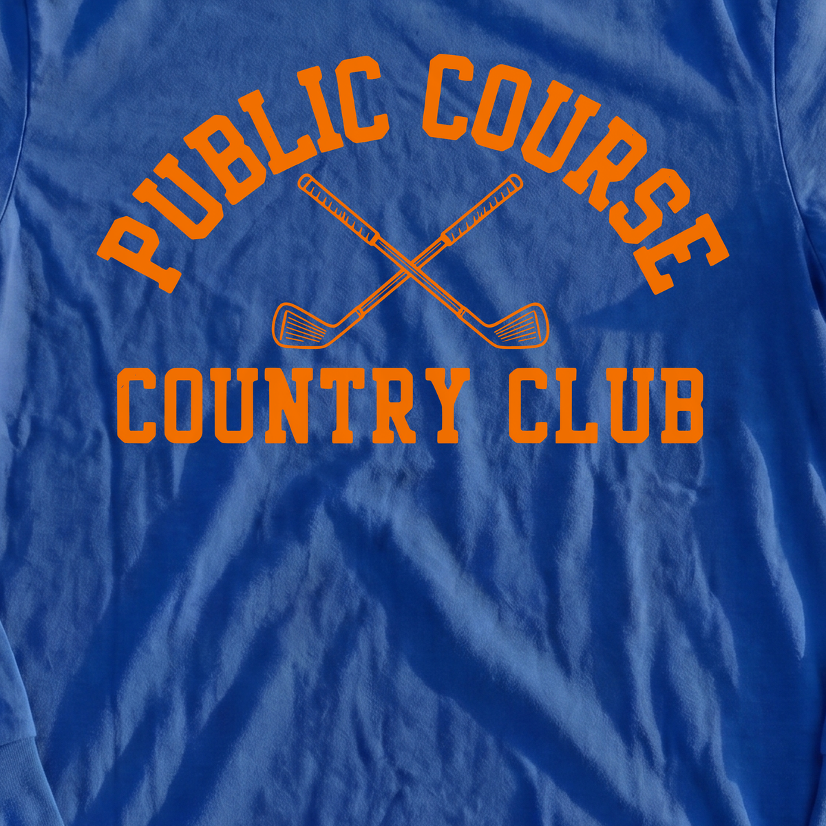 Public Course Country Club Long Sleeve Tee, print close-up on Royal