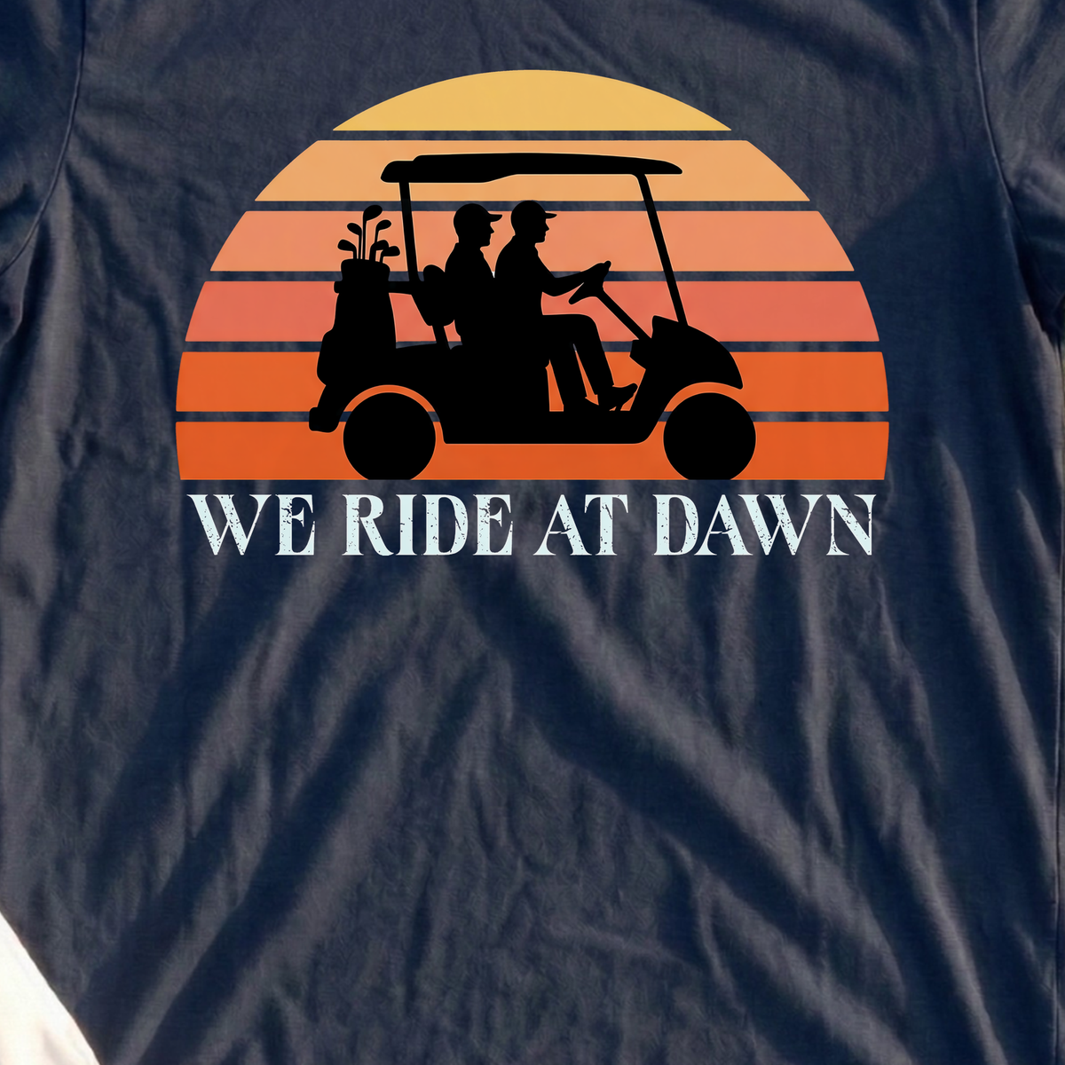 We Ride At Dawn Sunrise Tee, print close-up on Navy