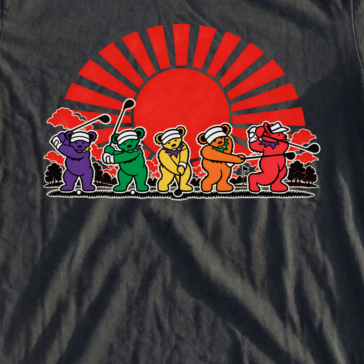 Golf Swing Bears Red Sun Premium Tee, print close-up on Black