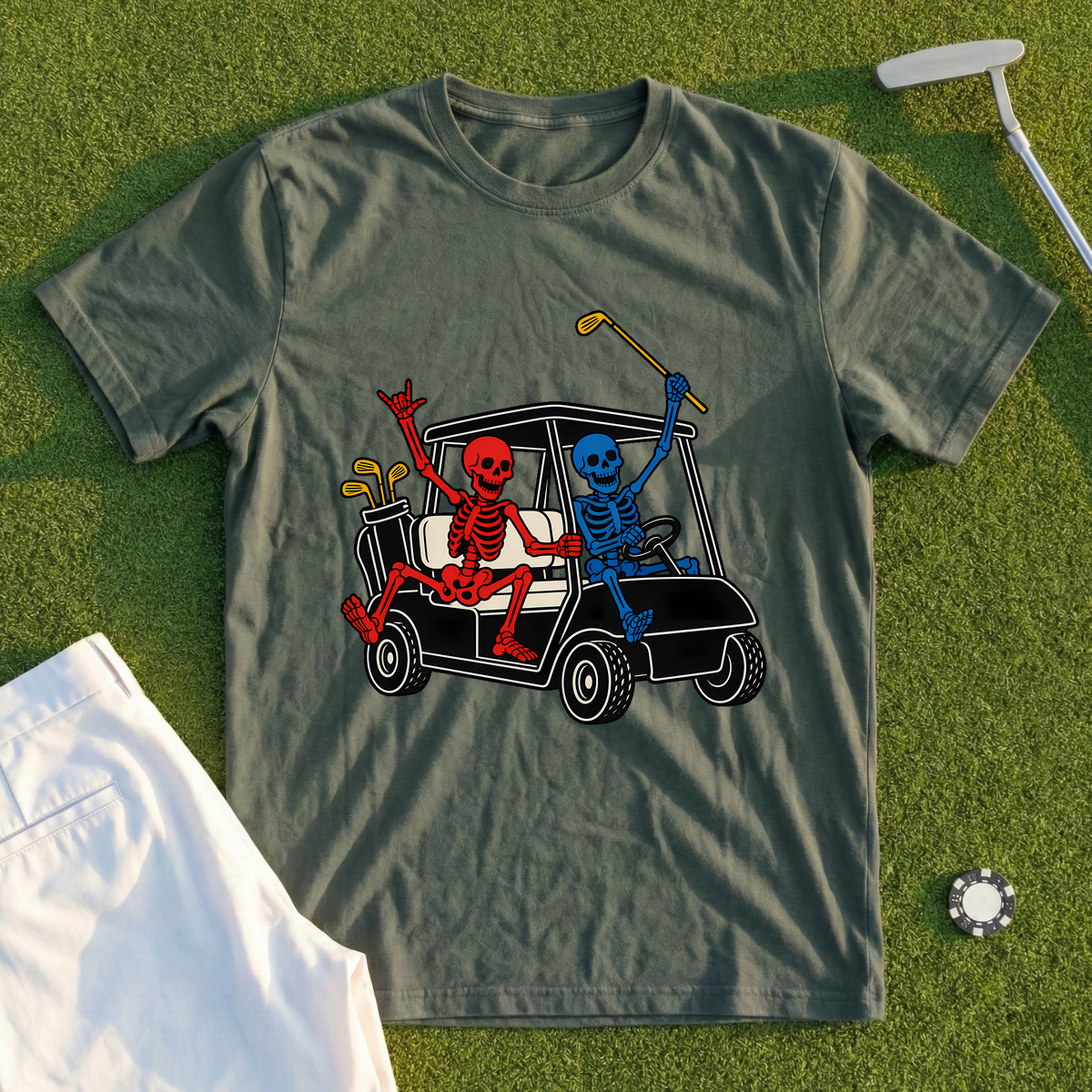 Colored Skeletons Cart Crew Tee