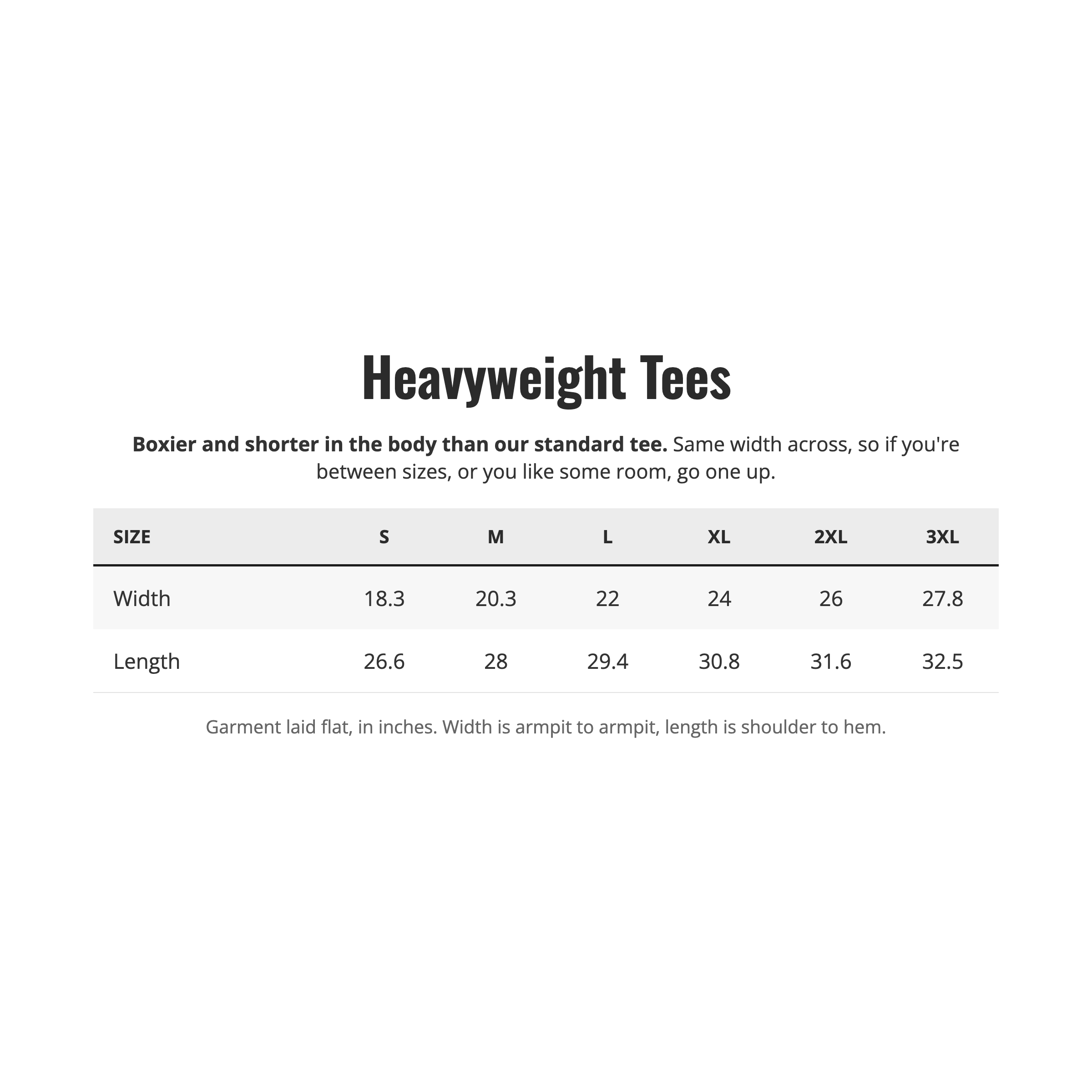 Shanked Right heavyweight tee size chart, relaxed fit, garment laid flat in inches