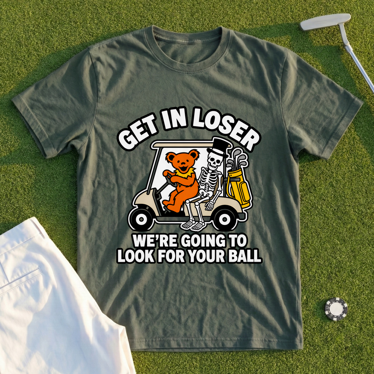 Get In Loser Bear And Skeleton Tee