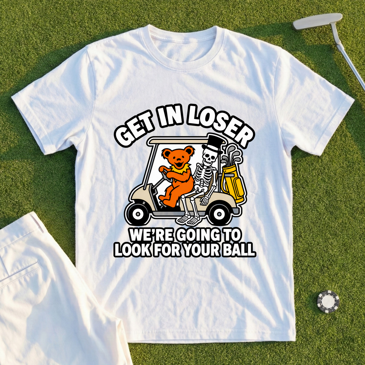 Get In Loser Bear And Skeleton Tee