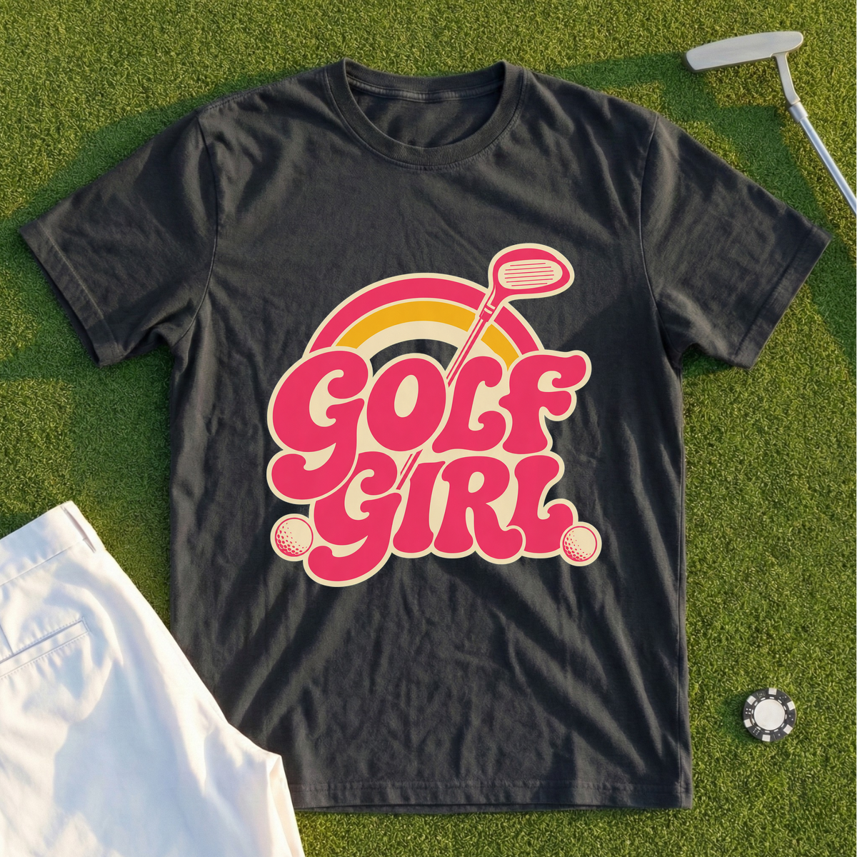Golf Girl, Groovy Script Sunset Tee