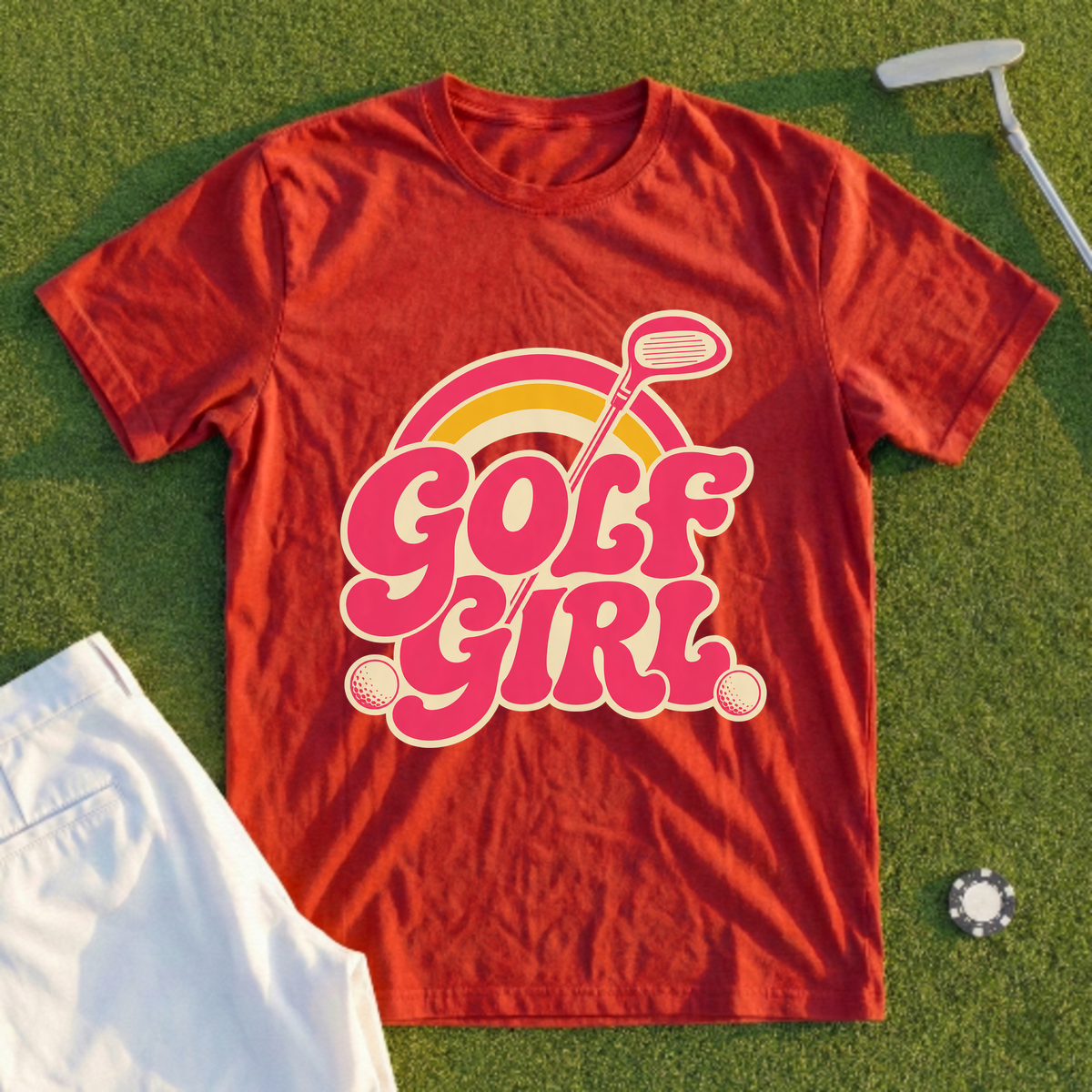 Golf Girl, Groovy Script Sunset Tee