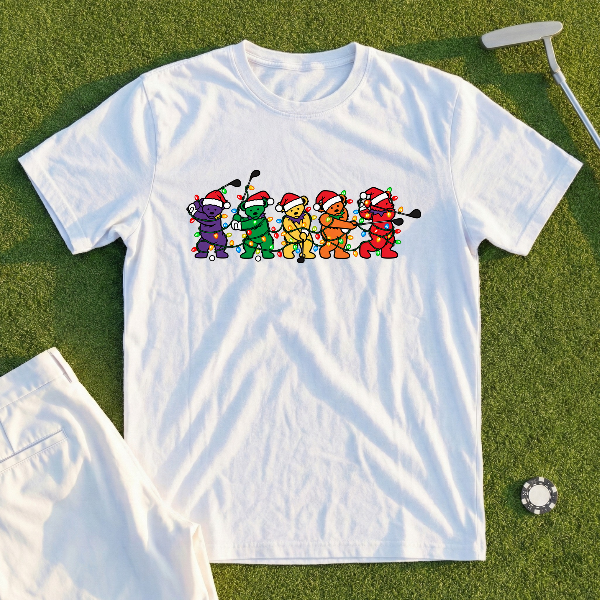 Golf Swing Bears Christmas Lights Tee