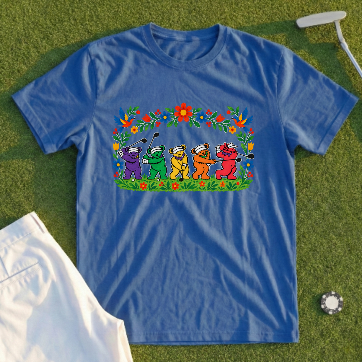 Golf Swing Bears Folk Art Tee