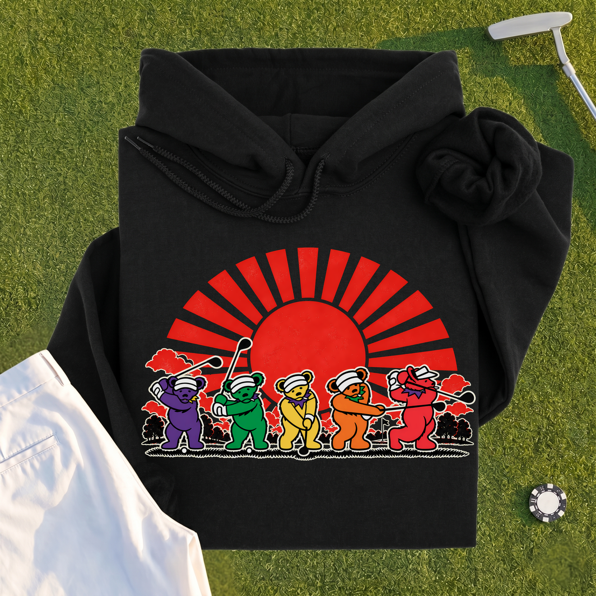 Golf Swing Bears Red Sun Hoodie