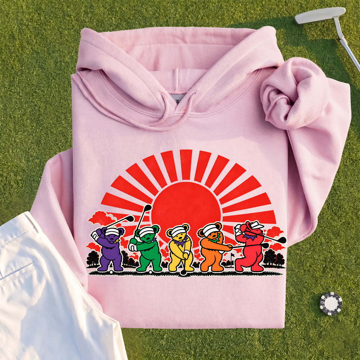 Golf Swing Bears Red Sun Hoodie