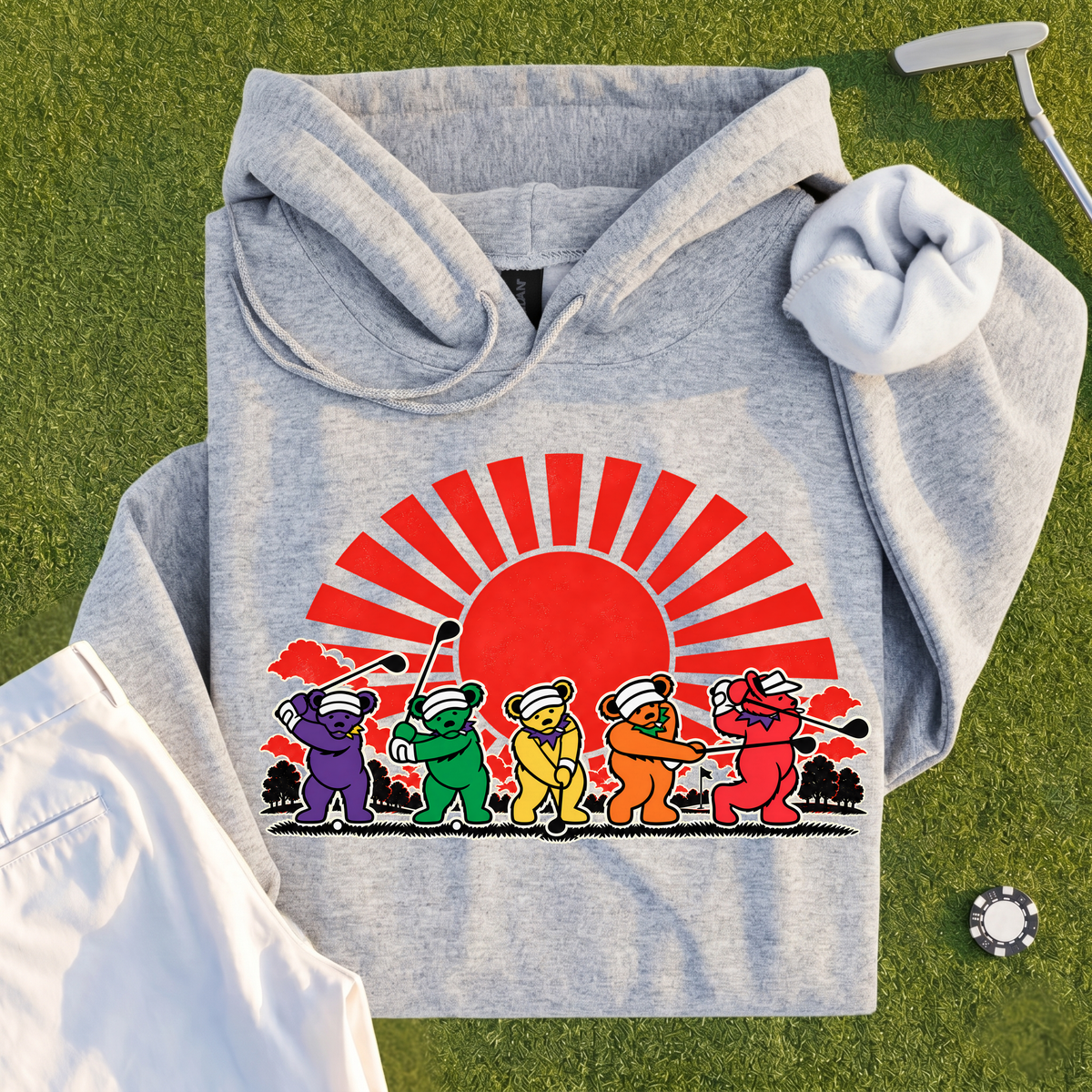 Golf Swing Bears Red Sun Hoodie