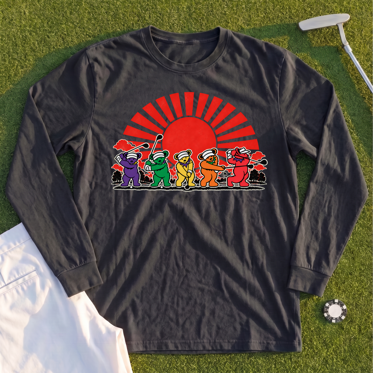 Golf Swing Bears Red Sun Long Sleeve Tee