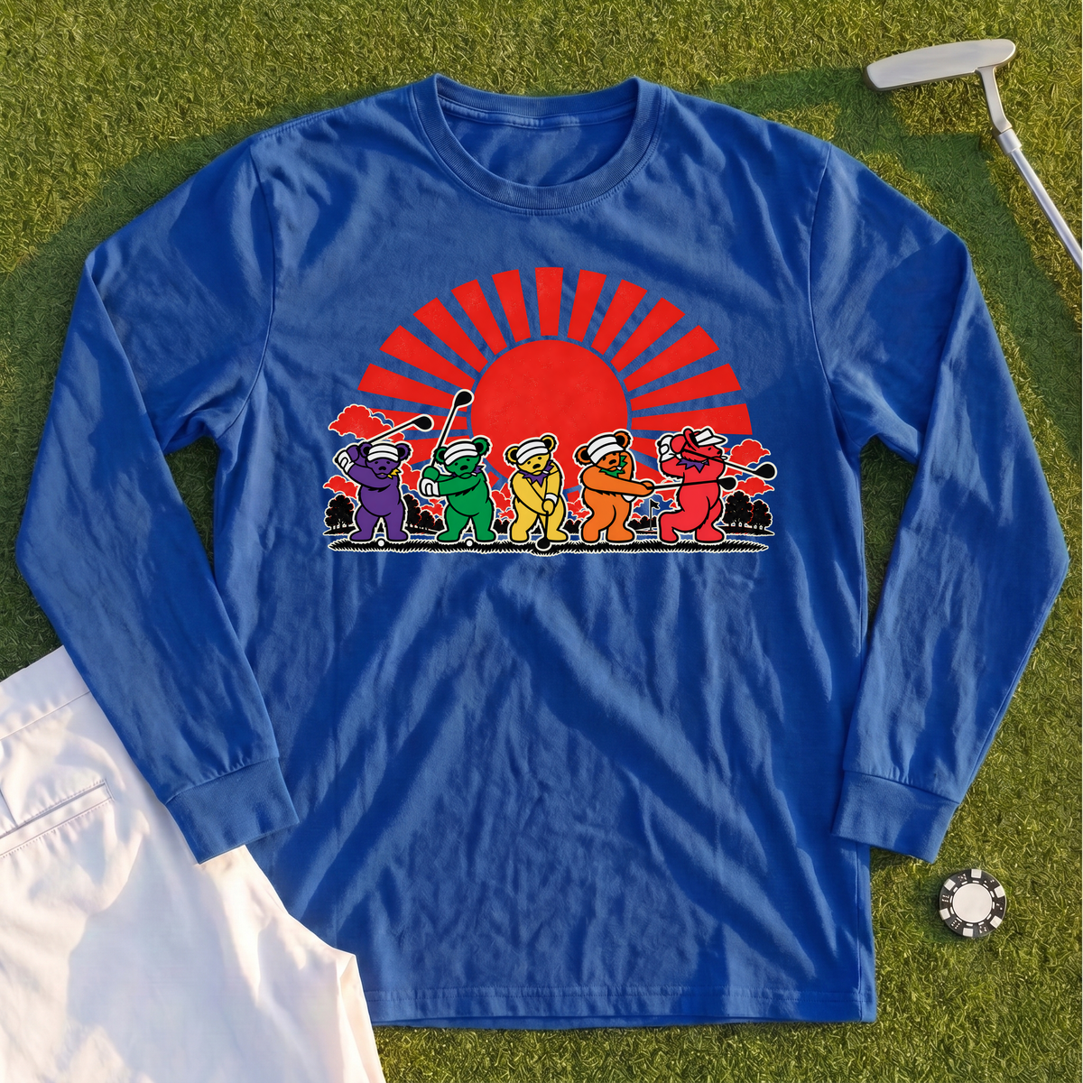Golf Swing Bears Red Sun Long Sleeve Tee