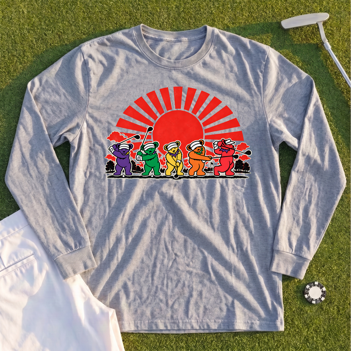 Golf Swing Bears Red Sun Long Sleeve Tee