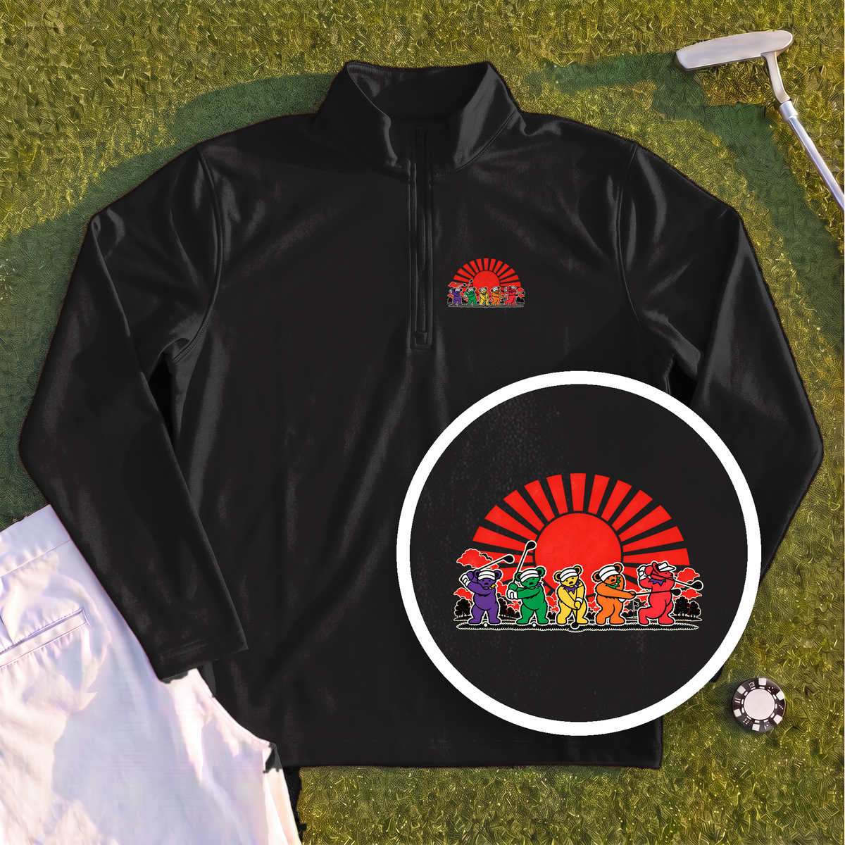 Golf Swing Bears Red Sun Quarter Zip