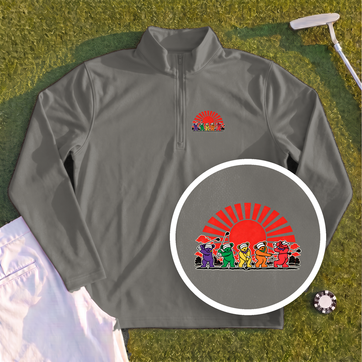 Golf Swing Bears Red Sun Quarter Zip