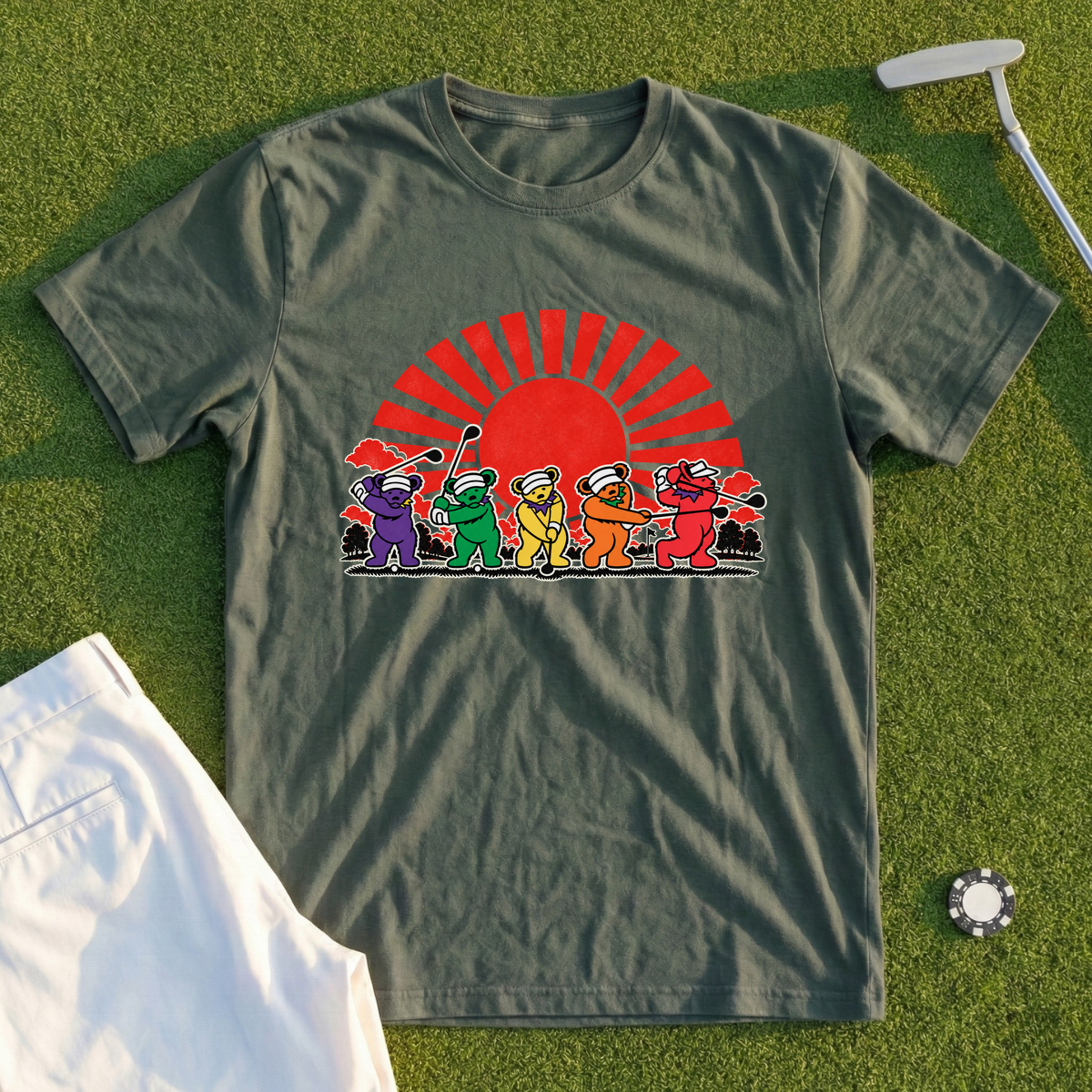 Golf Swing Bears Red Sun Tee