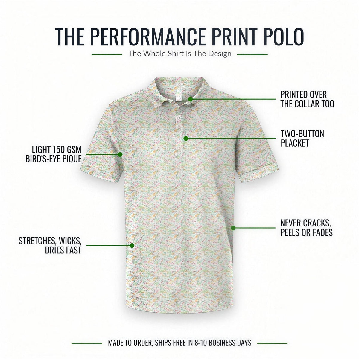 The whole shirt is the design: labeled polo diagram