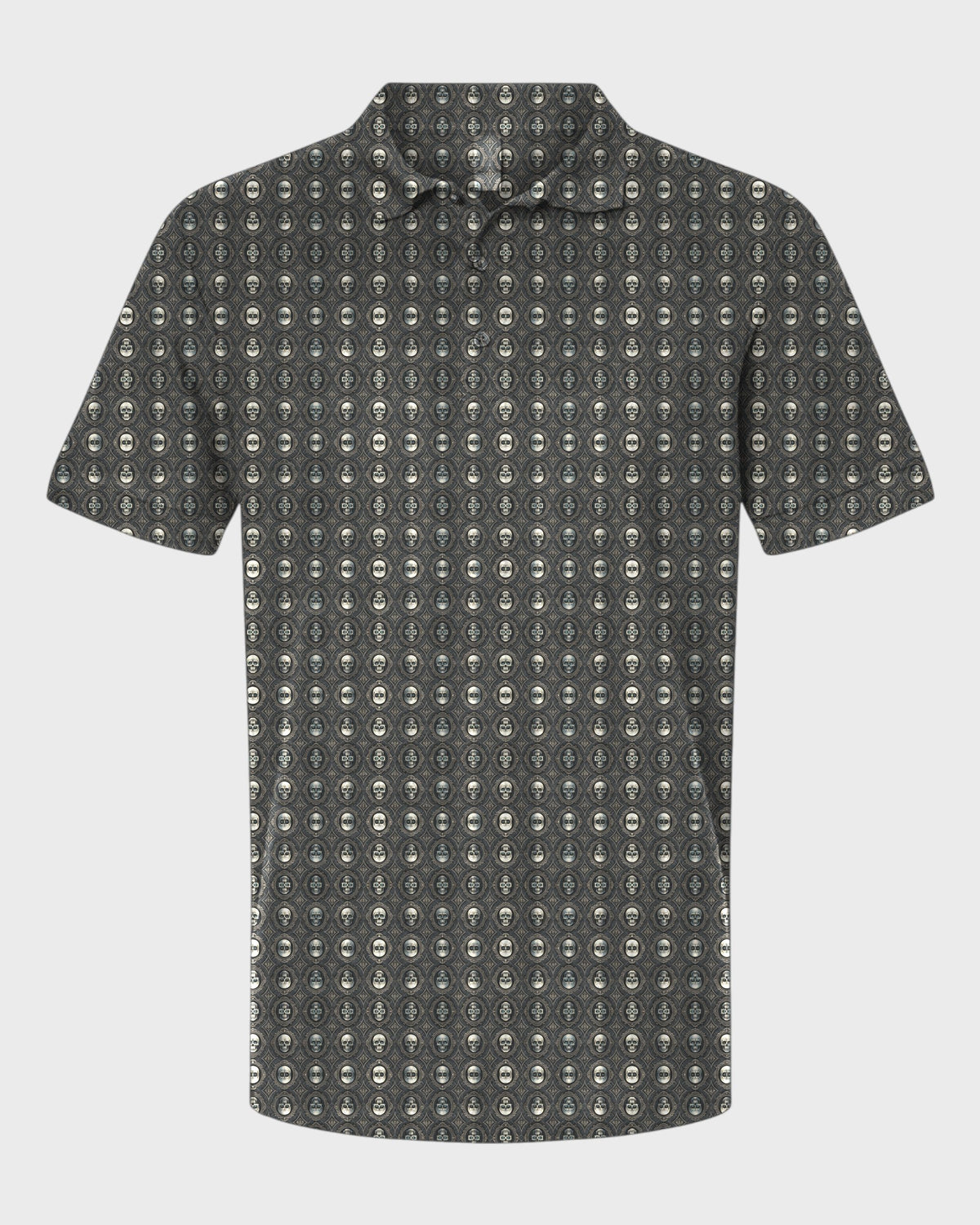 Gothic Frames Performance Print Polo, all-over print, flat lay