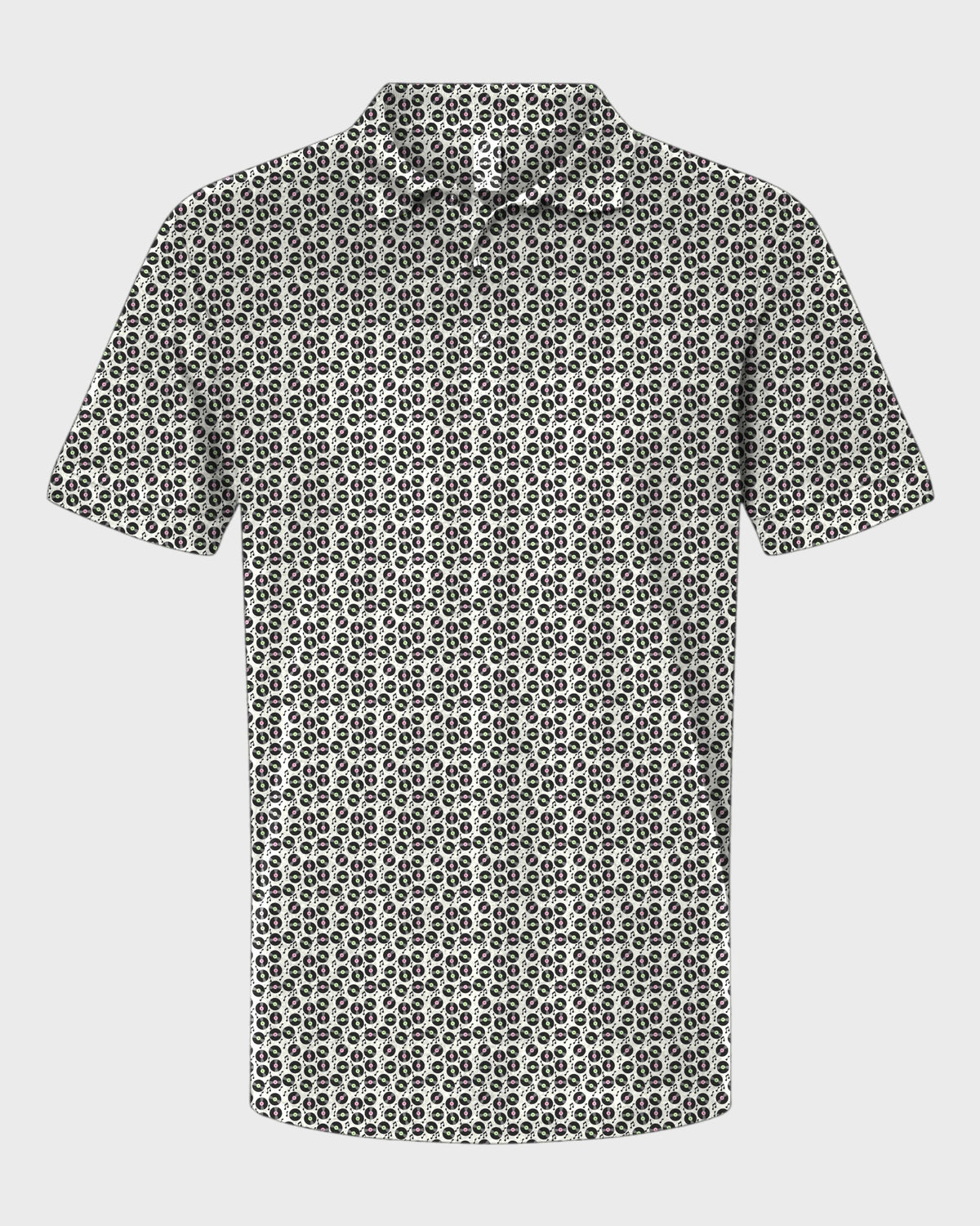 Vinyl Records Performance Print Polo, all-over print, flat lay