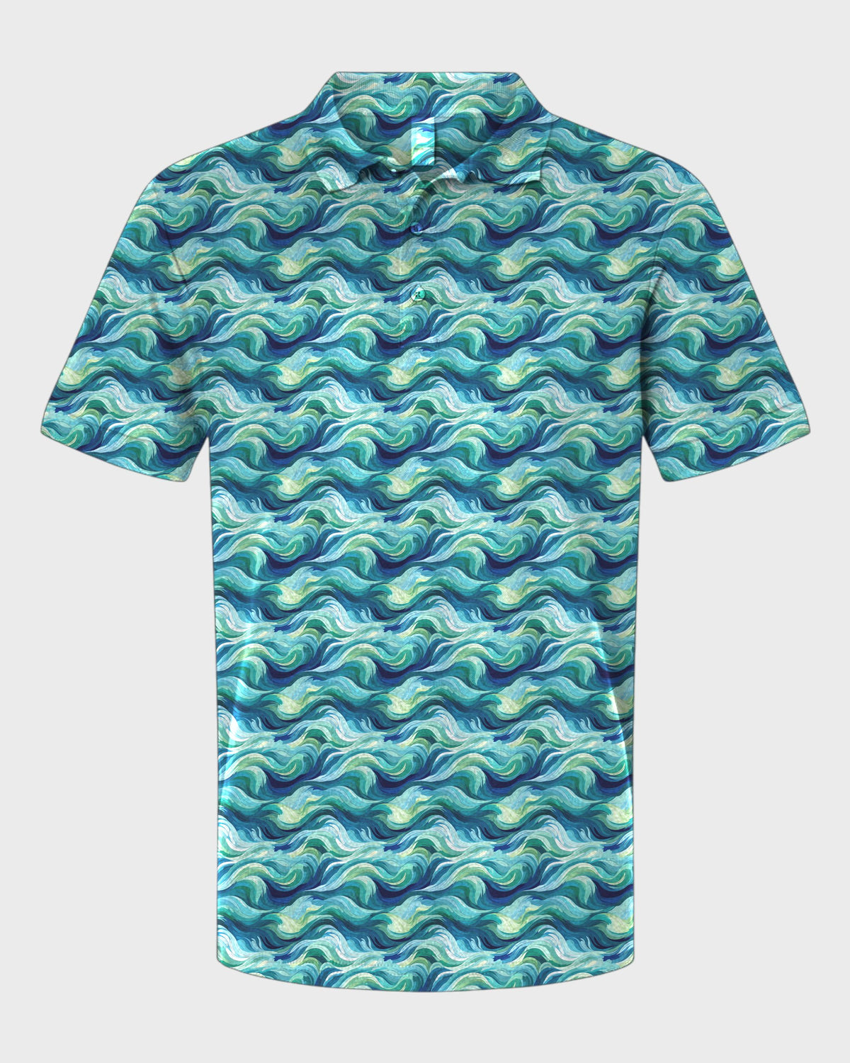 Ocean Swirl Performance Print Polo, all-over print, flat lay