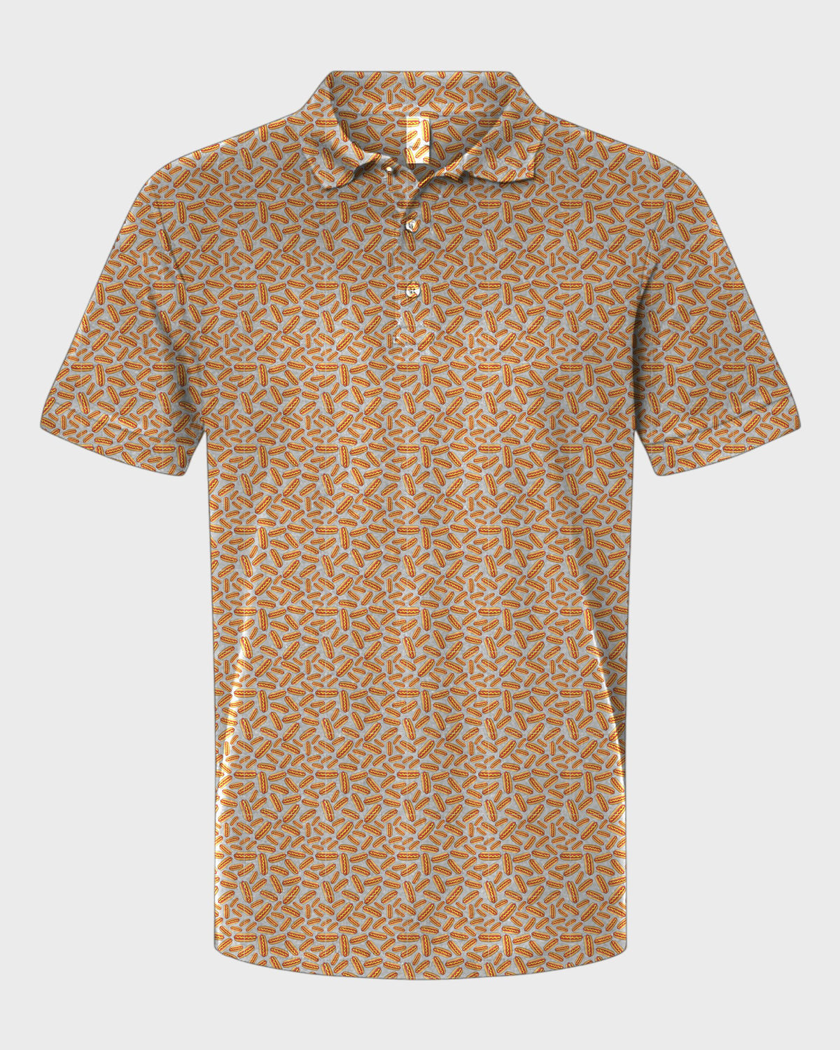 Hot Dogs Performance Print Polo, all-over print, flat lay