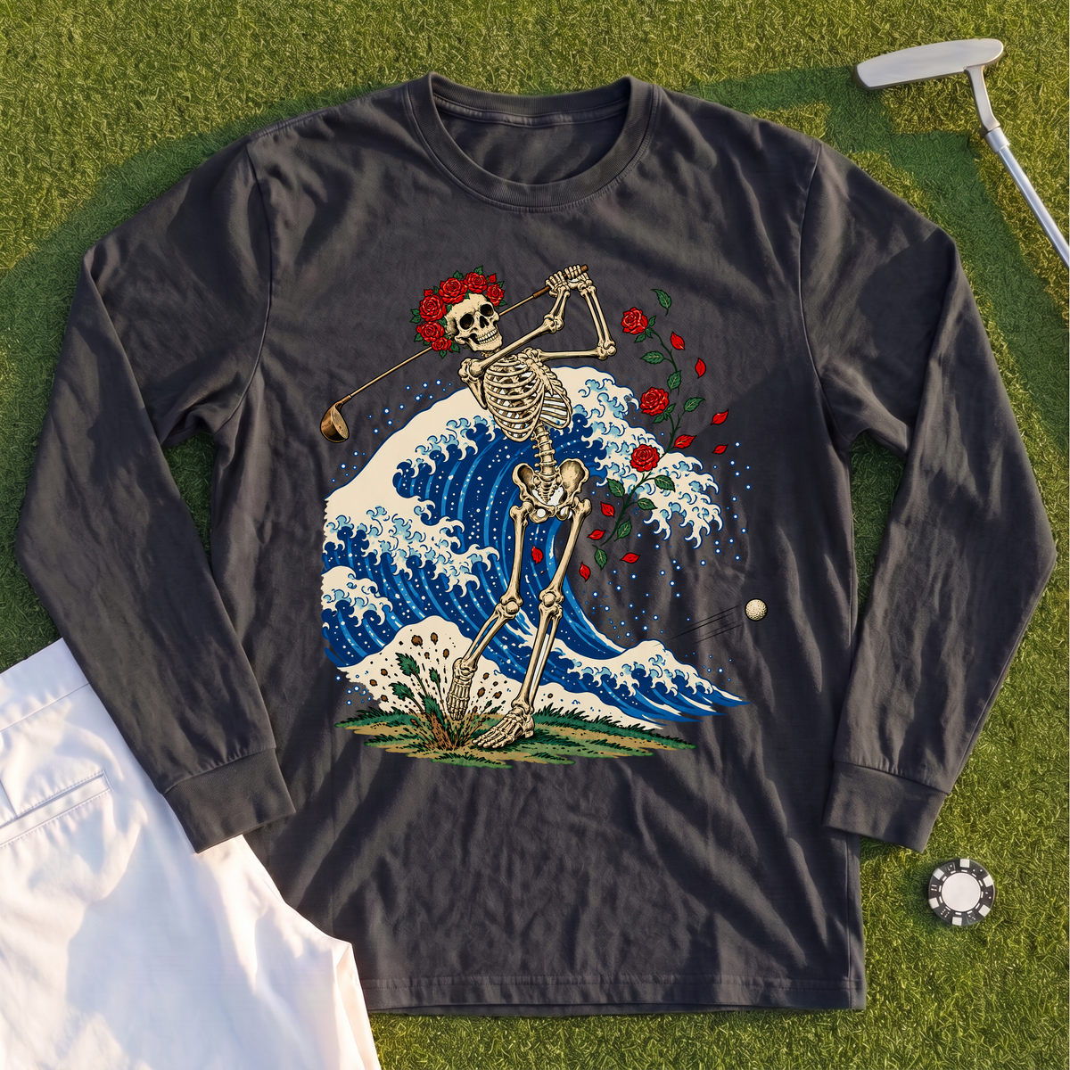 Rose Skeleton Great Wave Long Sleeve Tee