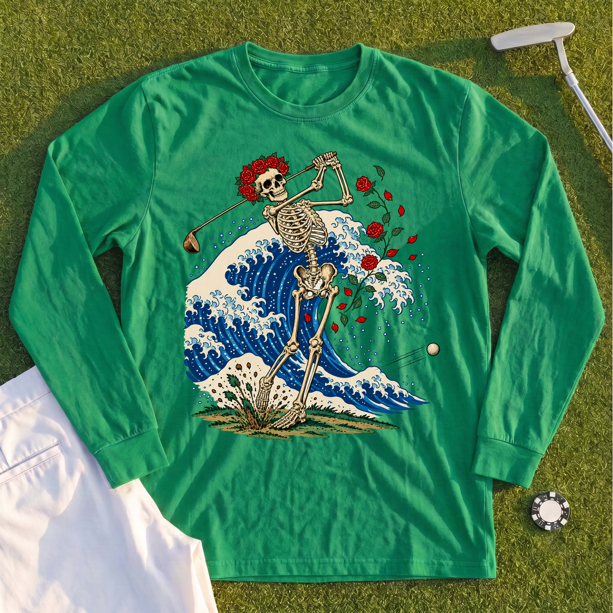 Rose Skeleton Great Wave Long Sleeve Tee