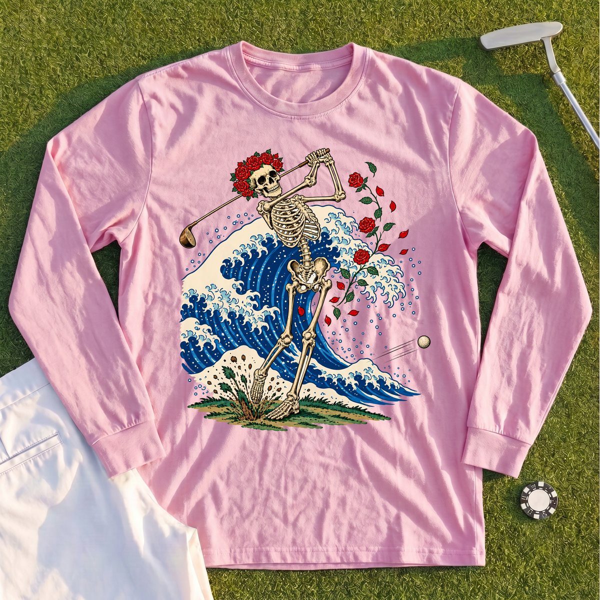 Rose Skeleton Great Wave Long Sleeve Tee