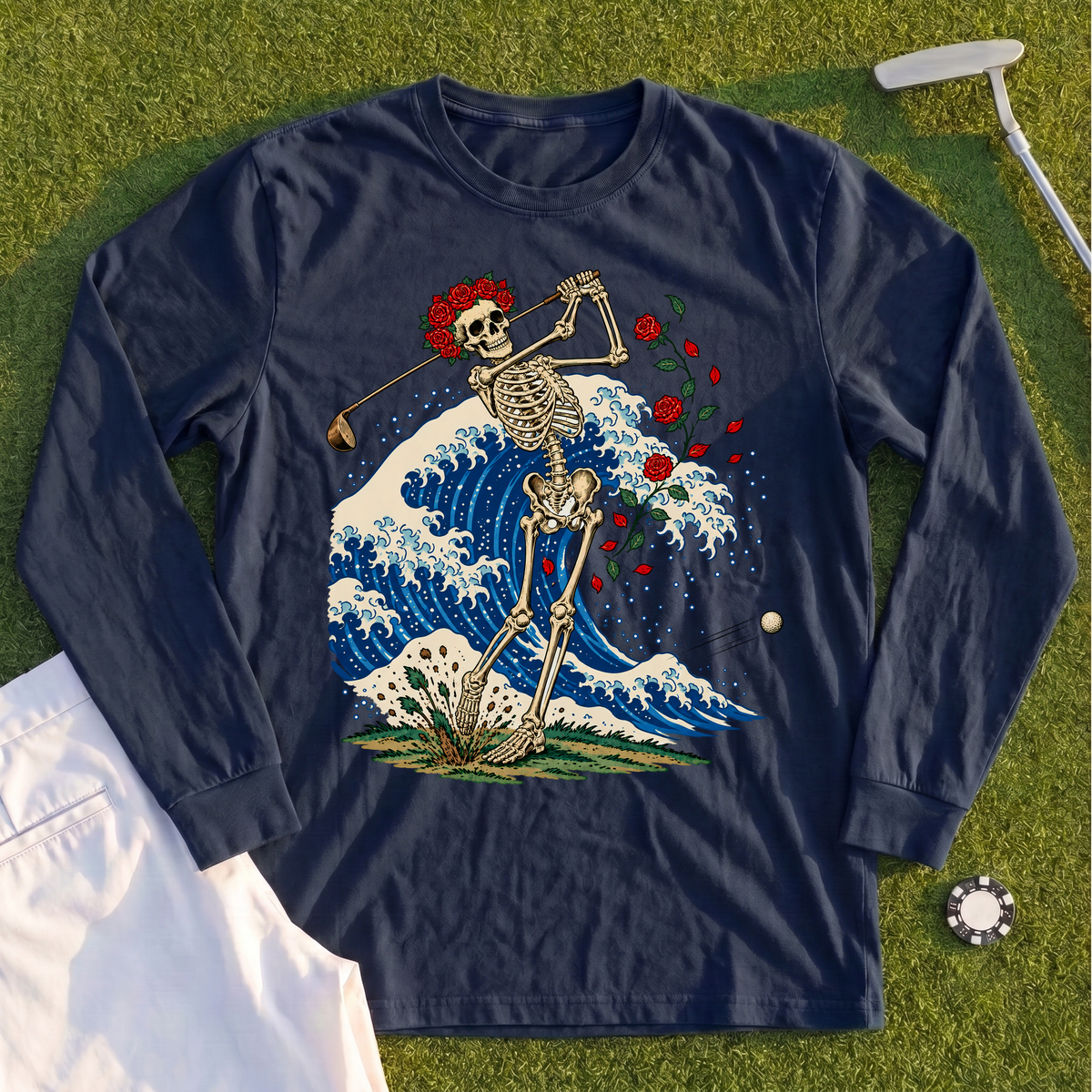 Rose Skeleton Great Wave Long Sleeve Tee