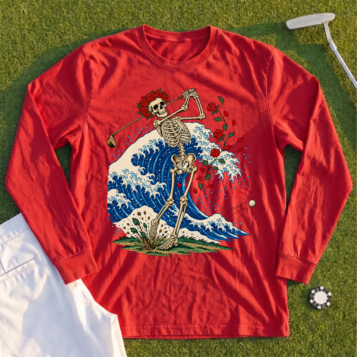 Rose Skeleton Great Wave Long Sleeve Tee