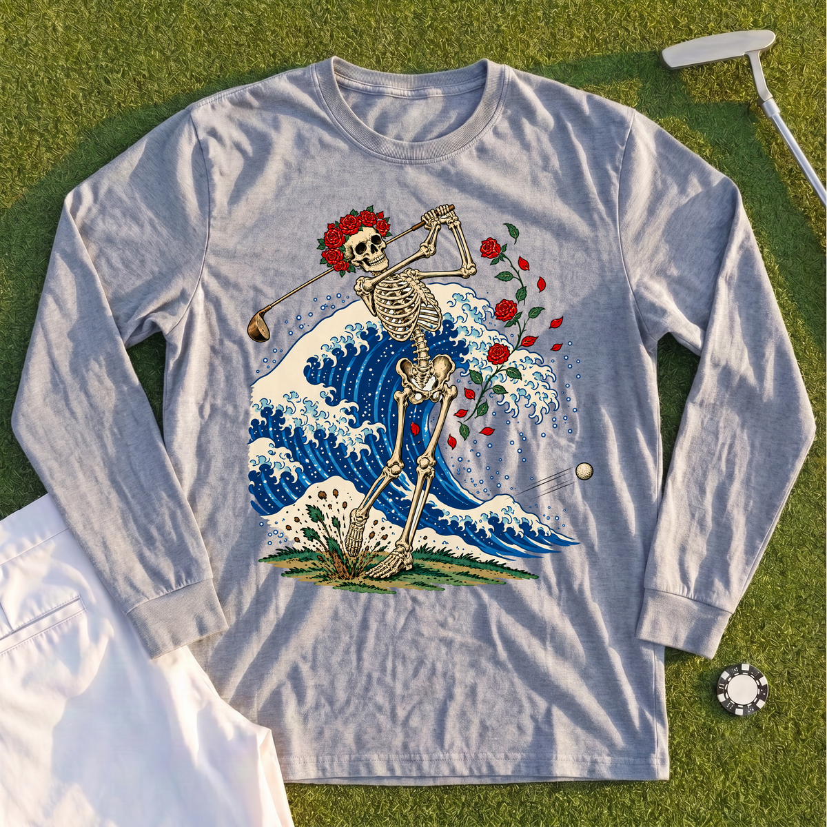 Rose Skeleton Great Wave Long Sleeve Tee