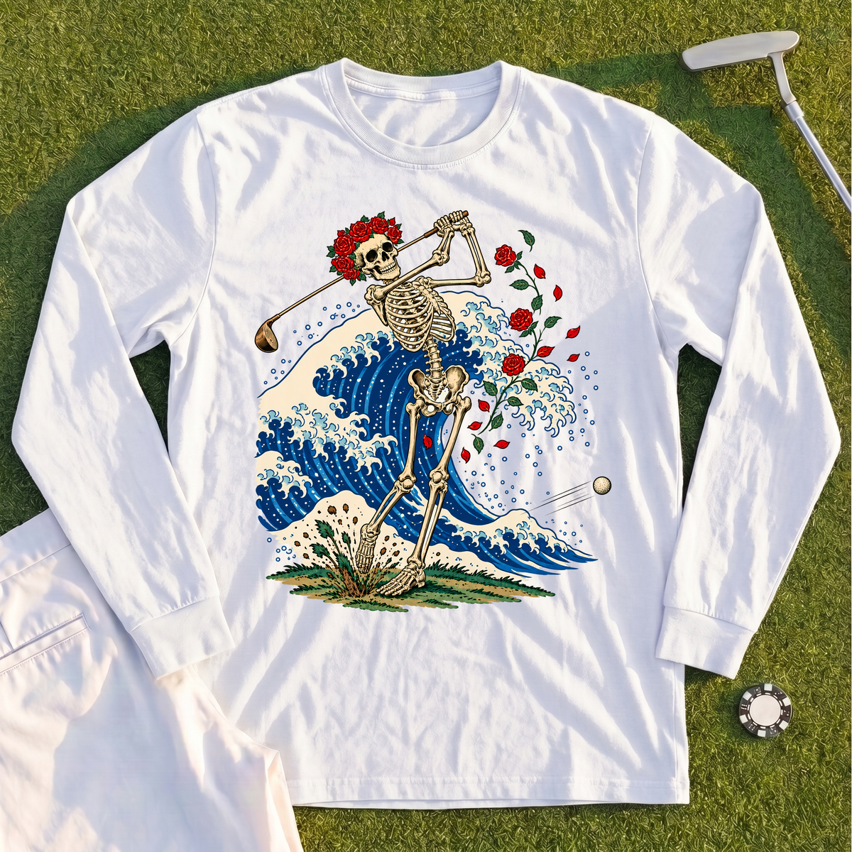 Rose Skeleton Great Wave Long Sleeve Tee