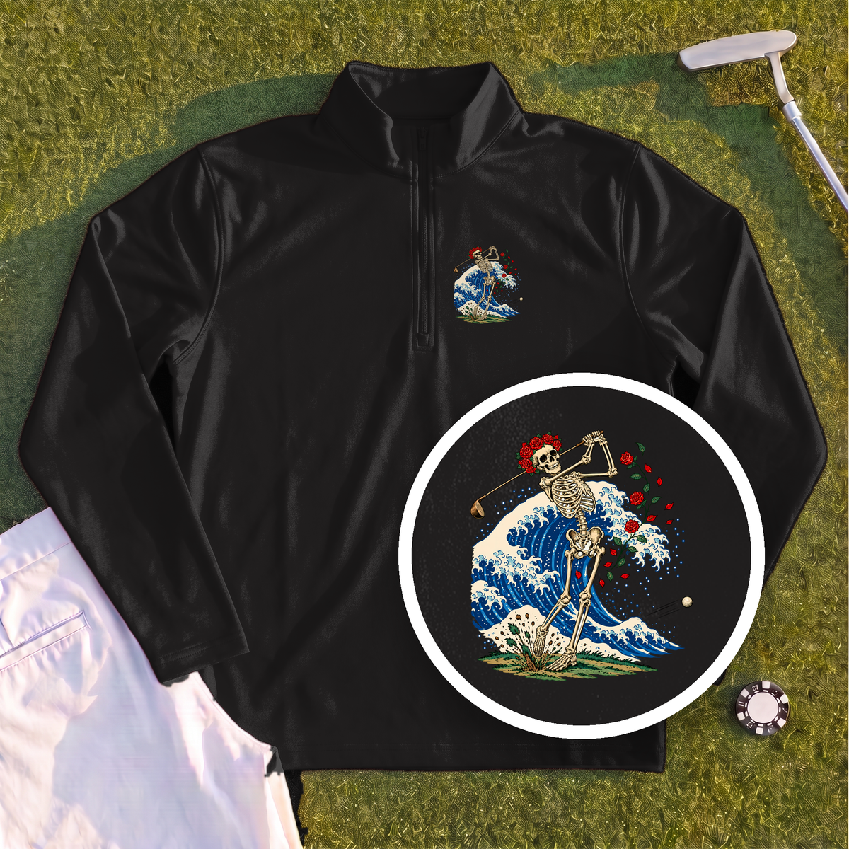 Rose Skeleton Great Wave Quarter Zip