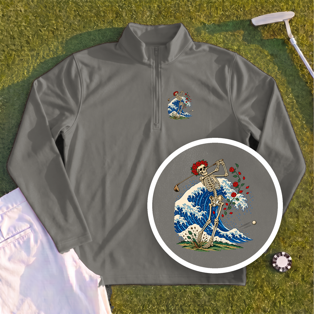 Rose Skeleton Great Wave Quarter Zip