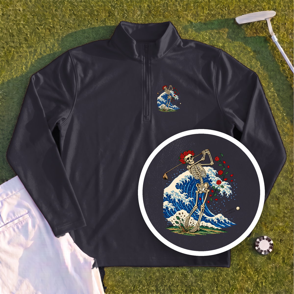 Rose Skeleton Great Wave Quarter Zip