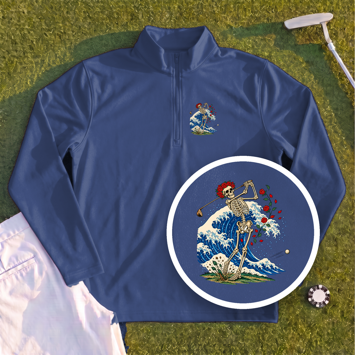 Rose Skeleton Great Wave Quarter Zip