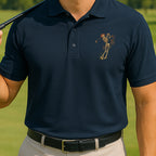 Rose Skeleton Swing Performance Polo worn on the golf course, Navy