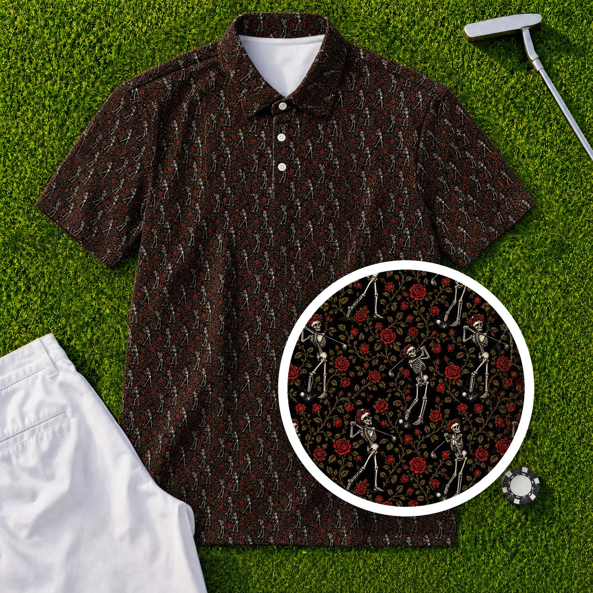 Rose Skeleton Swing Performance Print Polo, print close-up