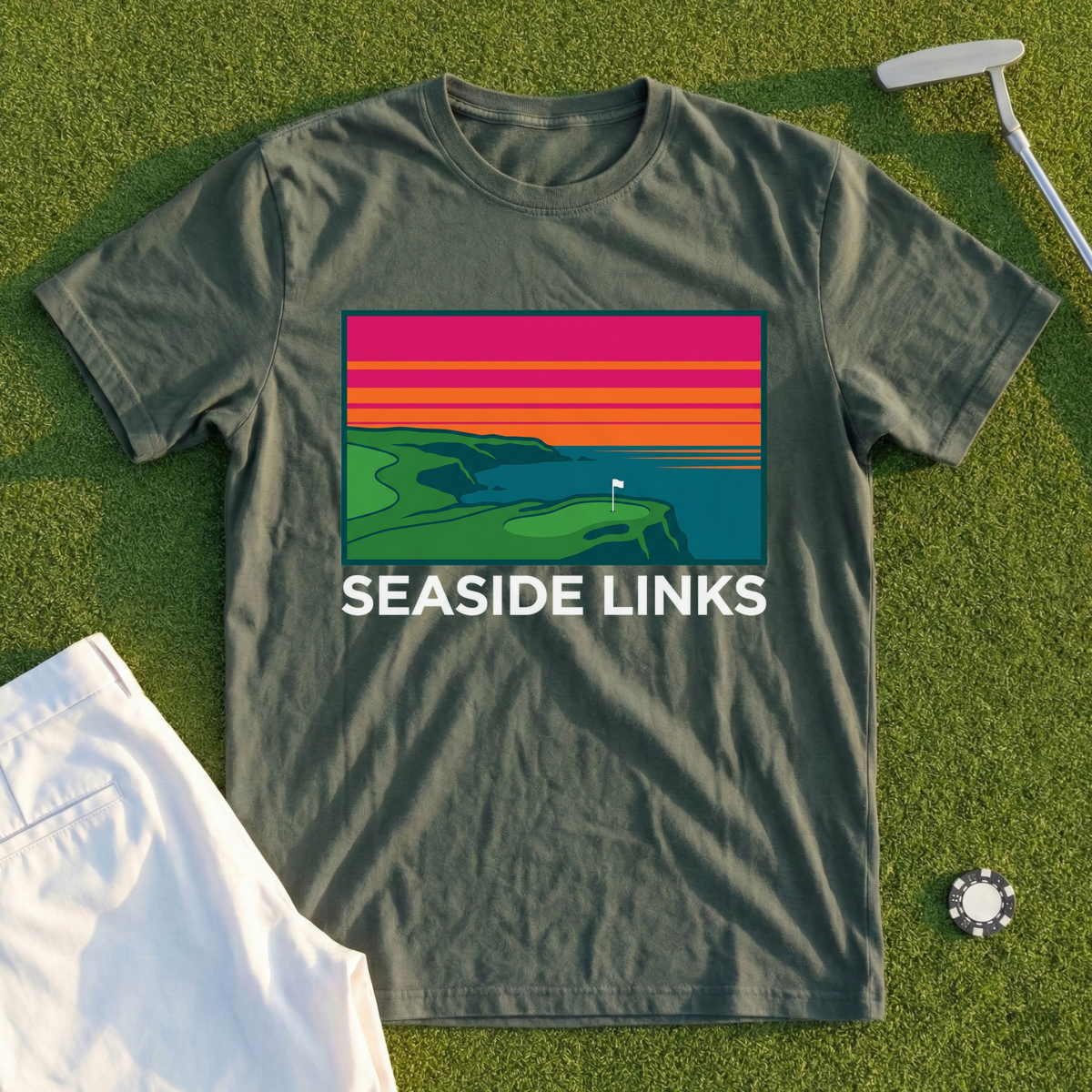 Seaside Links, Sunset Travel Poster Tee