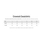 Shanked Right crewneck sweatshirt size chart, garment laid flat in inches