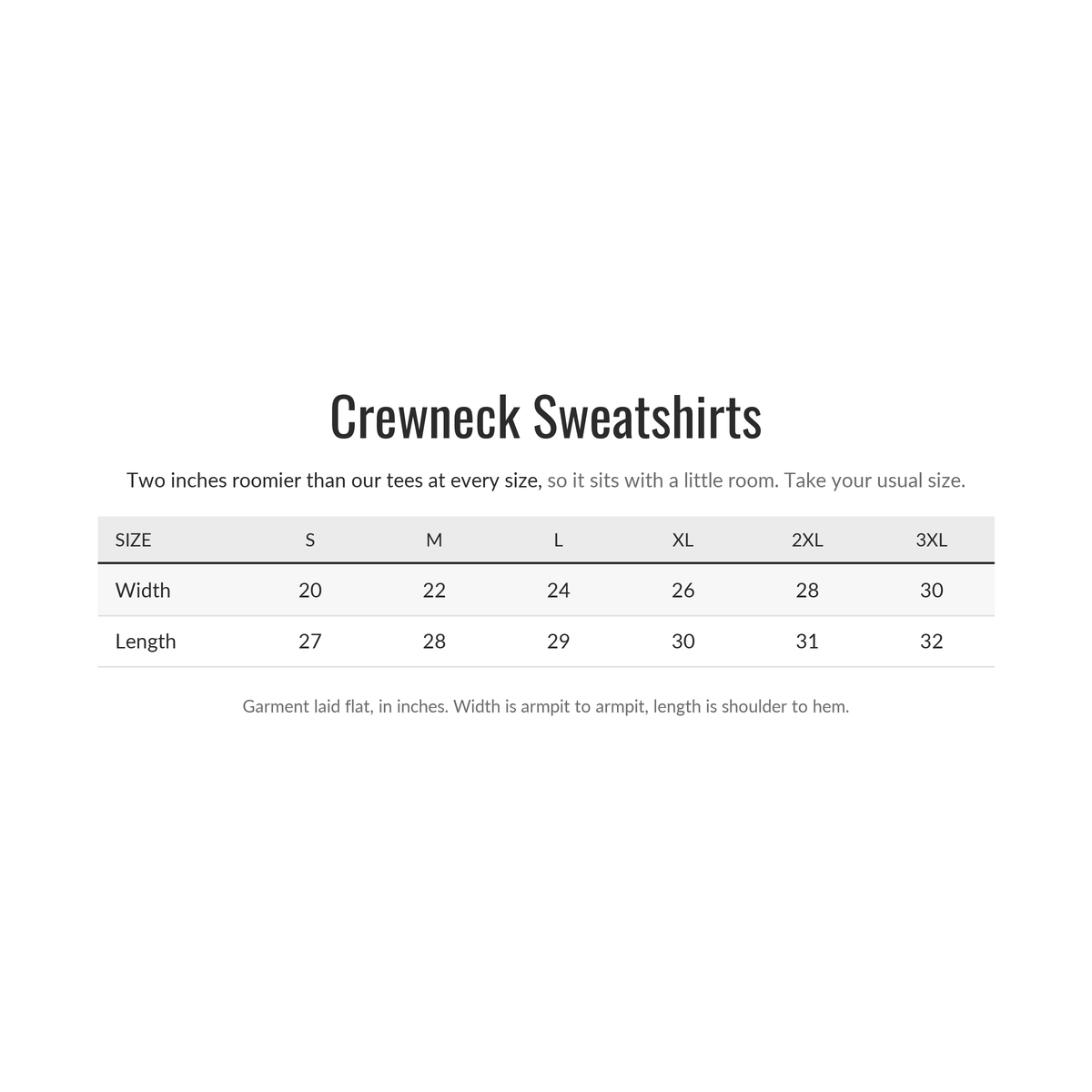 Shanked Right crewneck sweatshirt size chart, garment laid flat in inches
