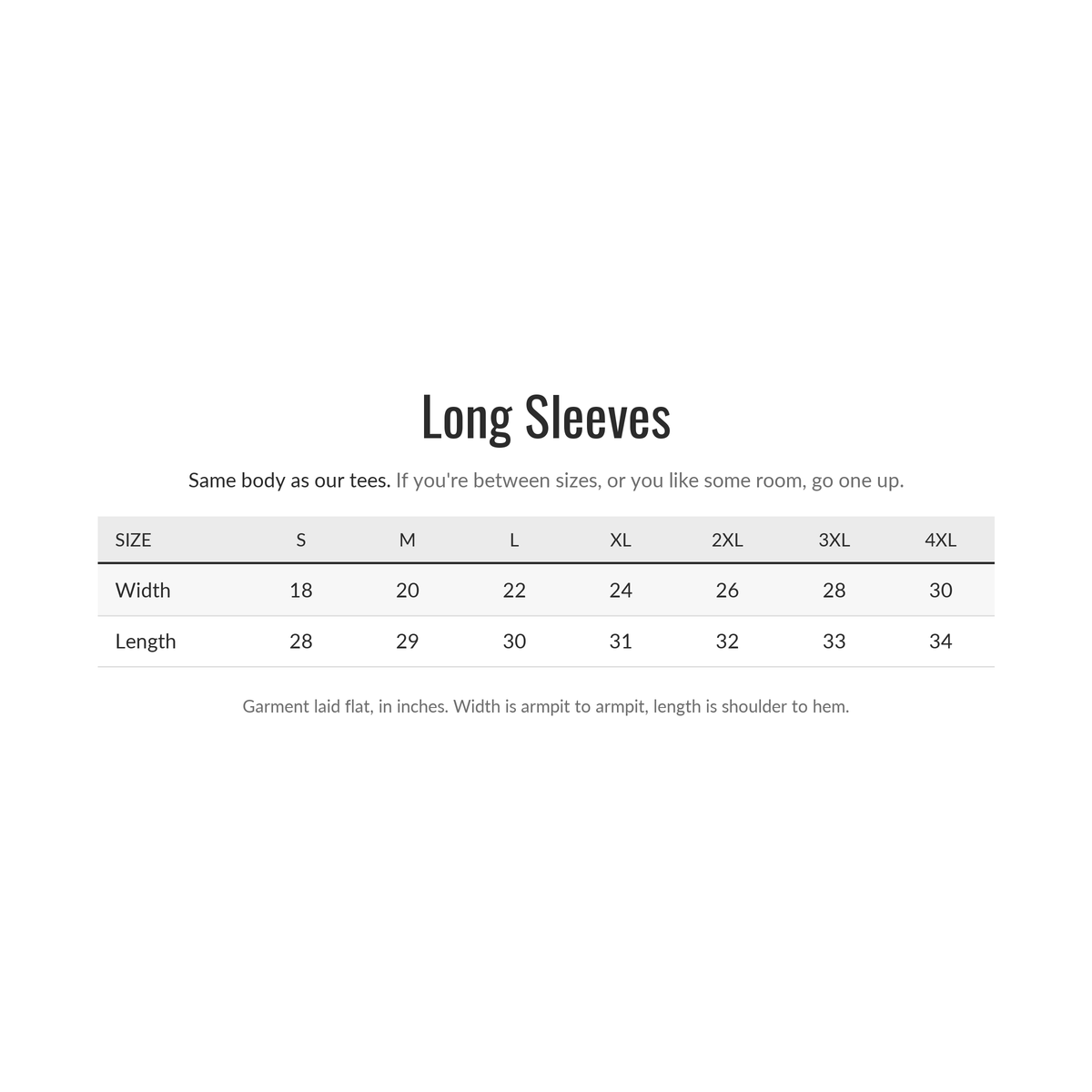 Shanked Right long sleeve size chart, garment laid flat in inches