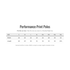 Shanked Right Performance Print Polo size chart, S to 3XL, in inches