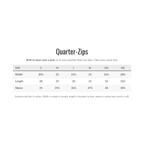 Shanked Right quarter-zip size chart, garment laid flat in inches