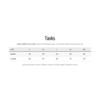 Shanked Right tank size chart, garment laid flat in inches