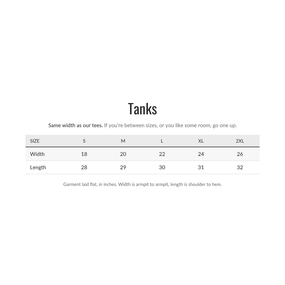 Shanked Right tank size chart, garment laid flat in inches