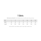 Shanked Right t-shirt size chart, garment laid flat in inches