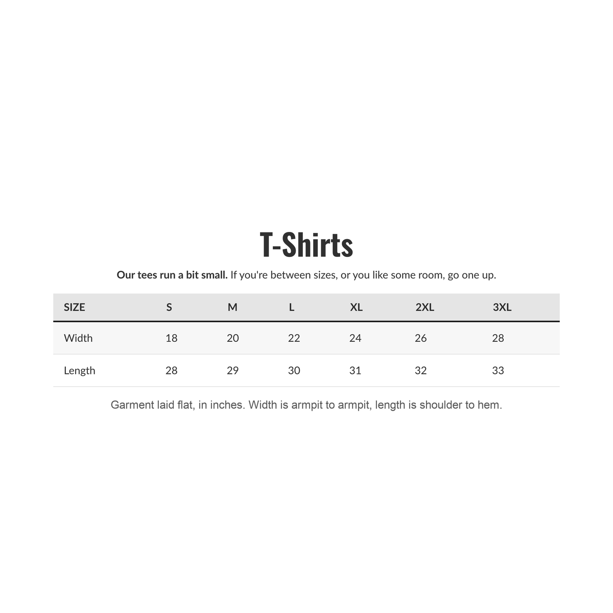 Shanked Right t-shirt size chart, garment laid flat in inches