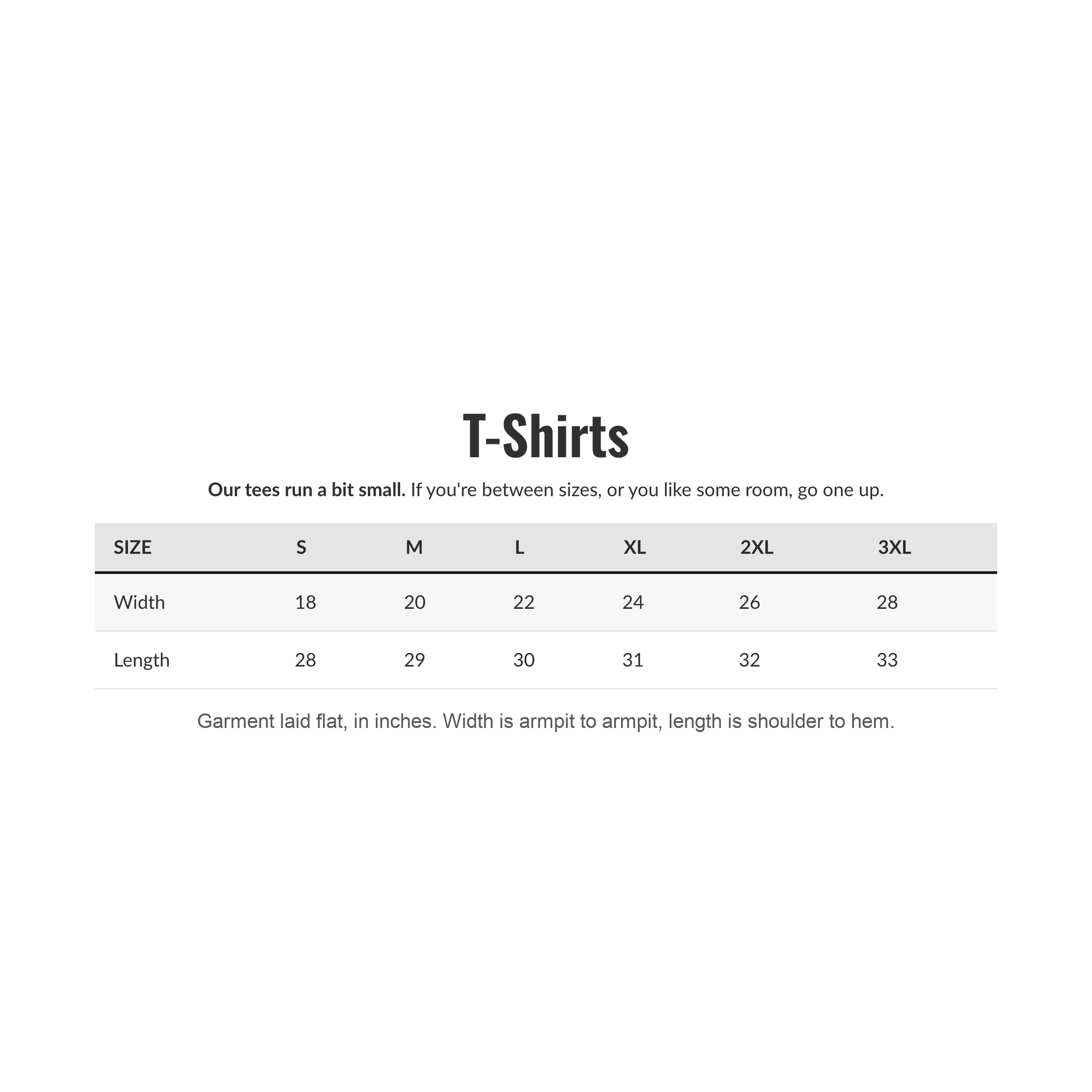 Shanked Right t-shirt size chart, garment laid flat in inches